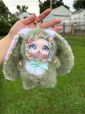 Adorable Kiwi Green Plush Bunny Keychain-Faux Fur with Pastel Floral Trim-Charm